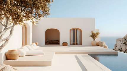 Modern minimalist villa with a pool overlooking the sea.