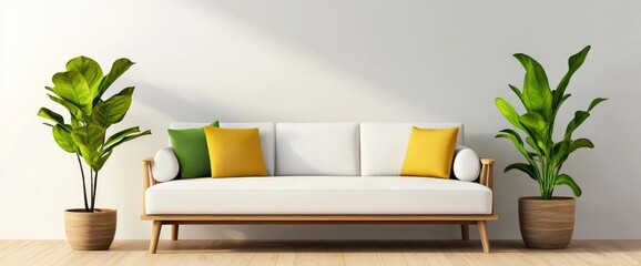 Sunlit Home Living Room With White Sofa, Coffee Table, Decor