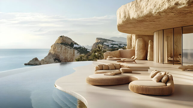 Modern seaside villa with infinity pool and scenic views.