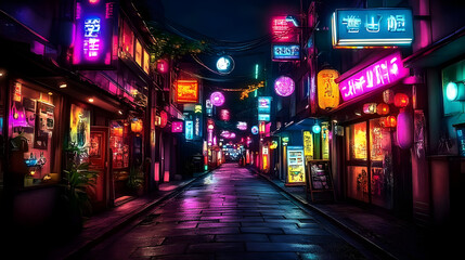 Neon-lit alleyway at night with vibrant signs and reflections.