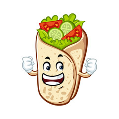 Smiling cartoon burrito with lettuce, tomatoes, and cucumber fillings.