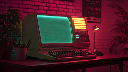 Retro-style computer setup with vibrant neon lighting.