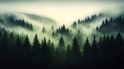 Serene forest landscape shrouded in mist and mystery.