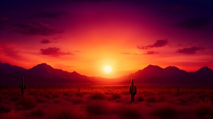 A vibrant, stylized travel poster featuring a desert landscape with dynamic skies and bold typography, structured to maintain visual appeal when resized