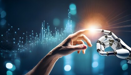 Robot hand making contact with human hand on dark background 3D rendering