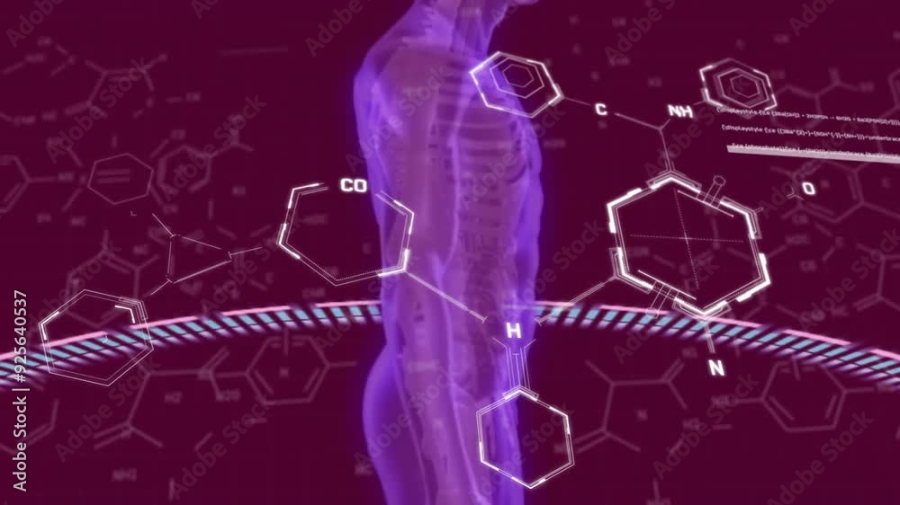 Sticker Chemical structures and DNA strand animation over human body illustration