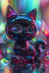 Neon Cyber Cat: Futuristic Digital Art of a Glossy Black Kitten Amidst Vibrant Holographic Colors