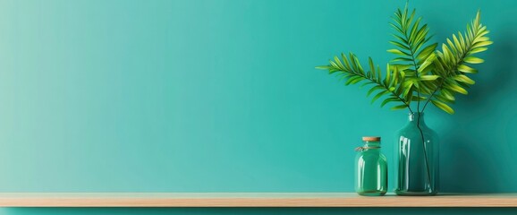 Wall Mockup With Vase, Plant, Blue Wall, And Shelf