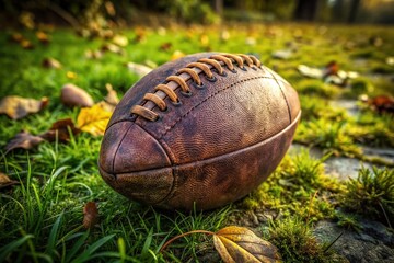 A worn and weathered football lies on a grassy field, its pebbled surface and laces worn smooth, evoking memories of gridiron battles and autumn afternoons.