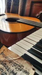 Acoustic Guitar and Piano Keys with Sheet Music.