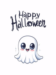 Obraz premium beautiful halloween themed drawing with a cute happy ghost and the word happy halloween written on it - special for an invitation