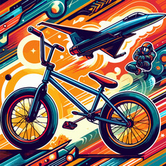Fototapeta premium A colorful painting of a bike, jet and a man in a suit. The bike is blue and the jet is blue and red. The painting has a sense of motion and excitement