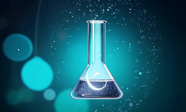 Blue laboratory glassware with liquid for chemical analysis research