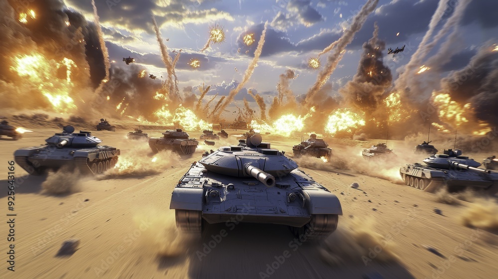 Wall mural Tank Warfare, Desert Battlefield, Explosions, War