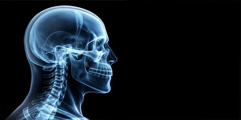 X-ray image of human skull and neck on dark background, with copy space, with empty space, no text, no word, no character, --no logo --no letters --no text, no watermark, --no words