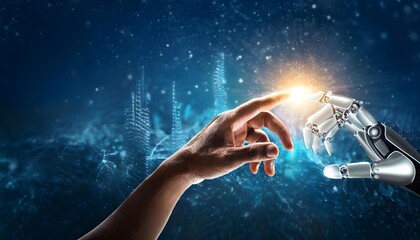 Robot hand making contact with human hand on dark background 3D rendering