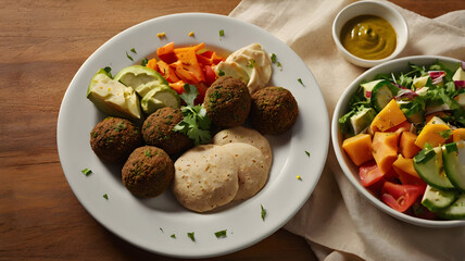 A vibrant, HD image of a Mediterranean plate featuring falafel, hummus, pita bread, and fresh veggies, all arranged on a white plate 