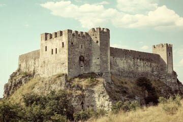 Historic stone castle on a hill under a blue sky in daylight