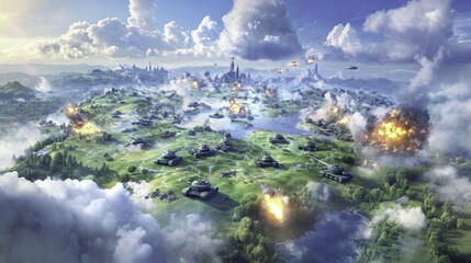 Fototapeta premium Aerial View of City Under Attack, Military Tanks, Smoke