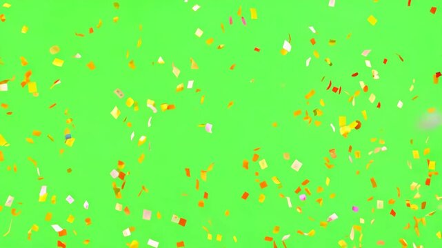 Gold confetti falling from the sky on green screen background. Effect ready for chroma key. Festival, carnival, event, holiday and birthday