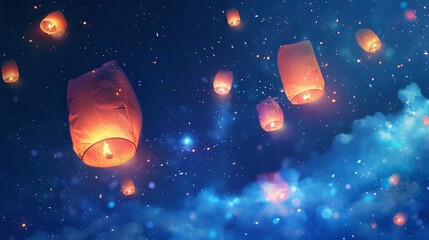 Glowing lanterns float in a starry night sky, creating a serene and magical atmosphere above softly illuminated clouds.