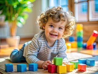 Adorable little boy with curly brown hair and bright blue eyes smiles broadly while playing with colorful blocks on a sunny afternoon floor.
