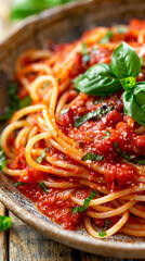 Close up photo of a plate of spaghetti with marinara sauce