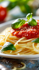 Close up photo of a plate of spaghetti with marinara sauce