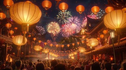 A vibrant celebration with colorful lanterns and spectacular fireworks lighting up the night sky, creating a festive atmosphere.
