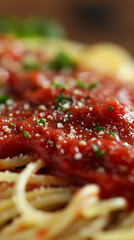 Close up photo of a plate of spaghetti with marinara sauce