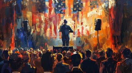 Abstract painting of a political rally with a speaker on stage, American flags, vibrant colors, and a crowd of people in the foreground.