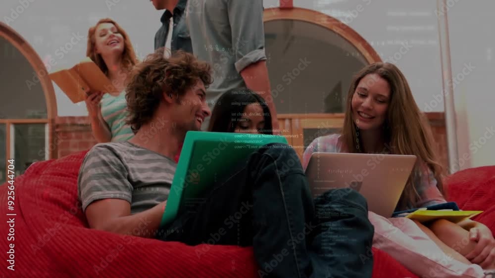 Poster programming code animation over diverse group of friends using laptops and tablets