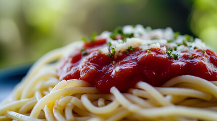 Close up photo of a plate of spaghetti with marinara sauce