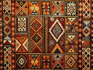 African Tribal Tapestry: Intricate, ethnic, handcrafted, earthy tones, abstract patterns, woven textures