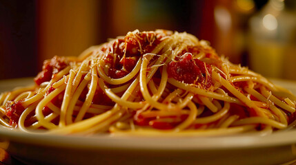 Close up photo of a plate of spaghetti with marinara sauce