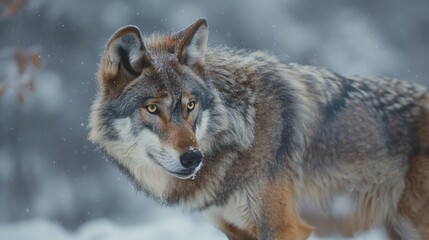 Fototapeta premium A fierce wolf moves silently through the snowy terrain, its gaze unwavering and determined. The icy landscape accentuates the wolf’s predatory instincts and the harsh beauty of its environment.