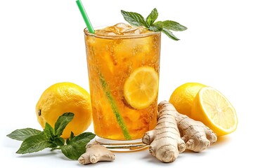 Fototapeta premium Ginger Lemon Iced Tea with Mint Illustration