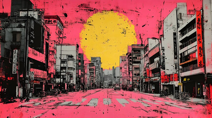 Urban landscape with a vibrant pink background and large sun.