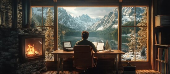 Man Working in a Cabin with Mountain View