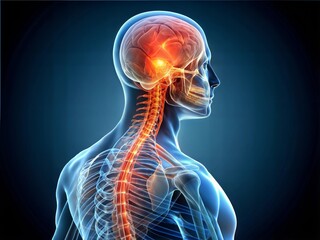 Medical 3D x-ray illustration of a human spine and brain, painful nerves are highlighted in red