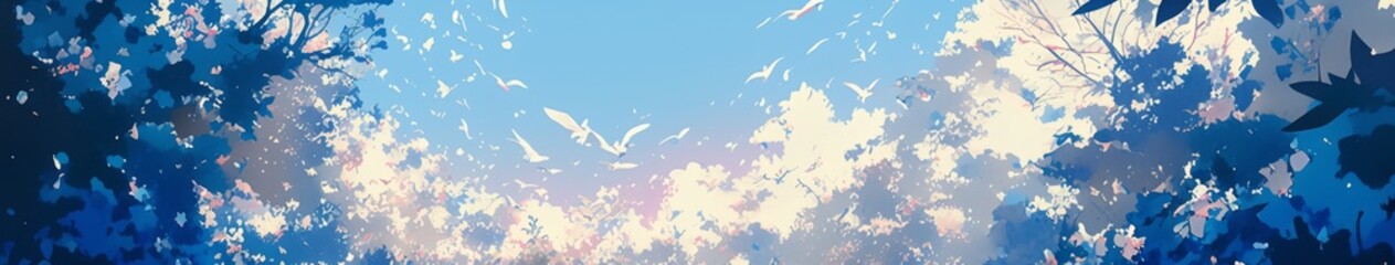 Fototapeta premium Enchanting Winter Wonderland: AI-Generated 4K Anime-Style Aerial View of Migrating Geese over Snowy Landscape with Winter Jasmine. Magical Frost Kingdom featuring Vibrant Blue Sky and Delicate Blossom