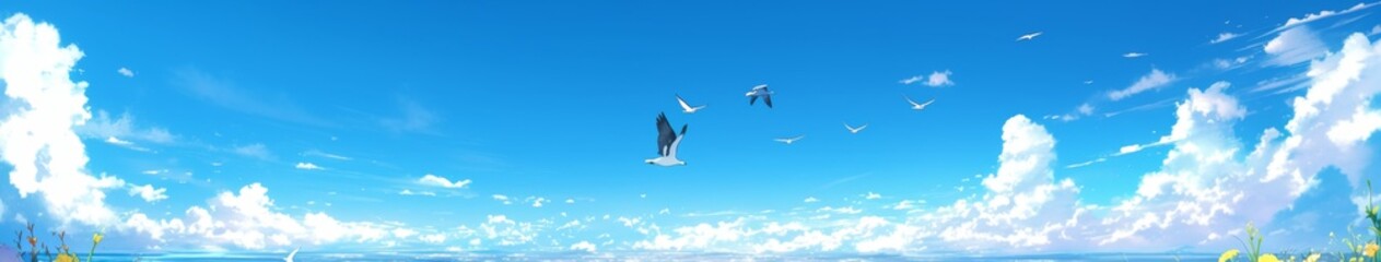 Enchanting Winter Wonderland: AI-Generated 4K Anime-Style Aerial View of Migrating Geese over Snowy Landscape with Winter Jasmine. Magical Frost Kingdom featuring Vibrant Blue Sky and Delicate Blossom
