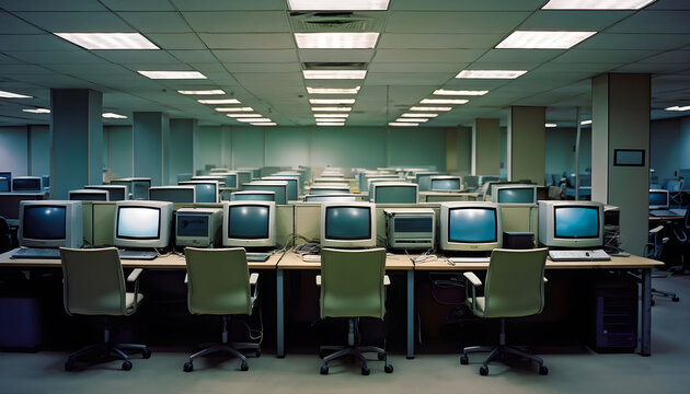 1990 Year School Computer Laboratory with Outdated Technology, Dusty Keyboards, and Faded Screens, Reflecting the Old Era of Digital Learning
