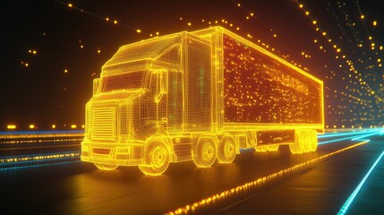 digital yellow truck with glowing data stream , the integration of ai into freight transportation and logistics management, cargo tracking for efficient supply chain operations. wireframe low poly