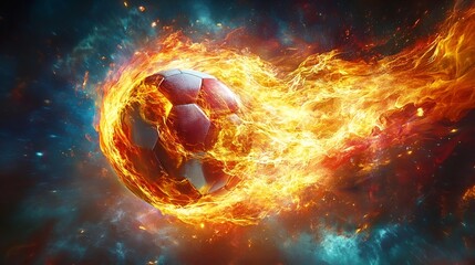 Flaming sphere hurtles through black space, a fiery cosmic soccer match