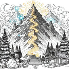 A climb up a steep, mystical mountain with snow-capped peaks, glowing runes vector coloring page 