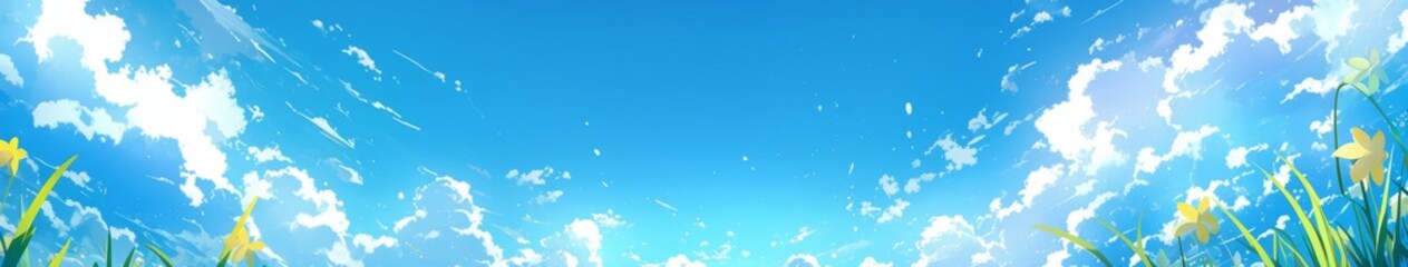 Ethereal Winter Wonderland: AI-Generated 4K Anime-Style Skyscape with Falling Snowflakes and Clouds through Window. Magical Frosty Realm featuring Vibrant Blue Sky and Delicate Narcissus Blossoms. Dre
