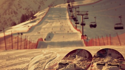 Snowboard resting on snowy slope with ski lift in background.