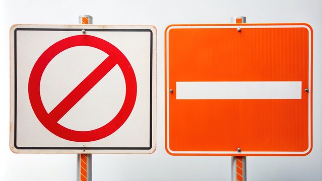 Bold orange and white warning signs crossed out with a red line designed to grab attention against a clean white background