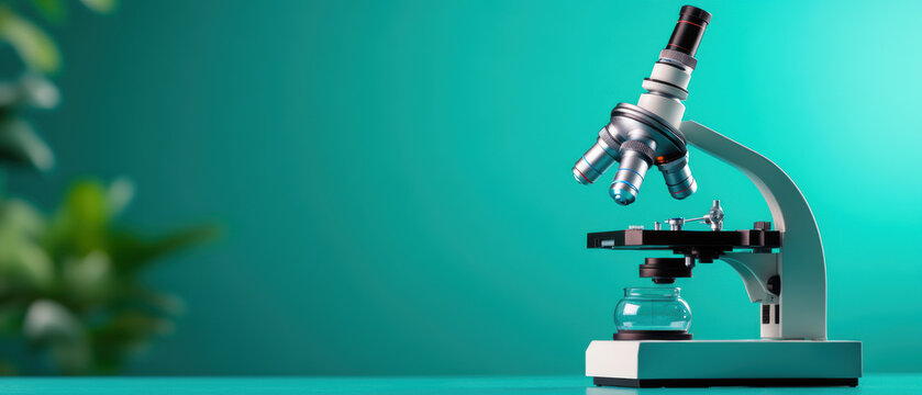 Close-up of a microscope with a green background. Ideal for science, research, and laboratory stock photos.